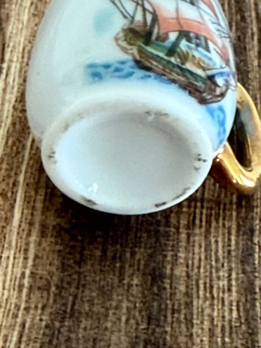 Vintage Miniature Porcelain Dollhouse Mug Ship Nautical Scene Gold Handle 1